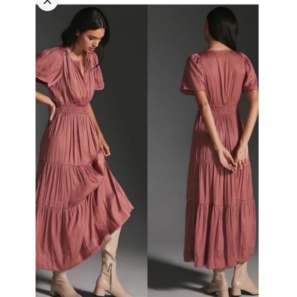 Anthropologie Somerset Maxi Dress Dusty Rose Pink Smocked Tiered Plisse XL NEW - Picture 2 of 13